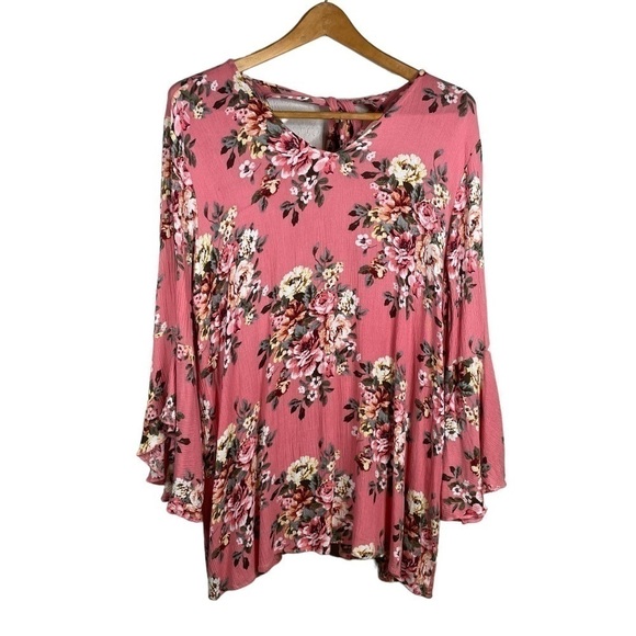 SOUTHERN Stitch Women's Tunic Bell Sleeve Bohemian Tie Back Pink Floral Size M - Picture 1 of 7